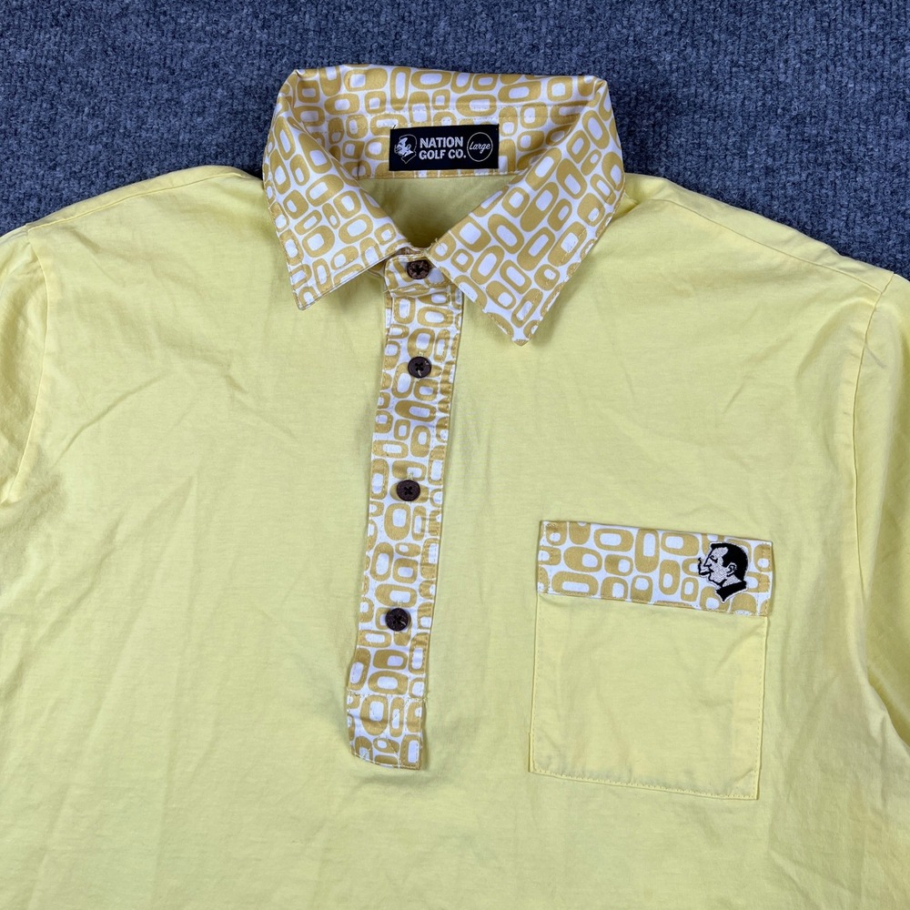 Nation Golf Co Polo Shirt Mens L Yellow White Performance Retro Atomic 60s Style